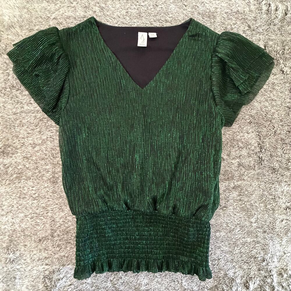 Joie Emerald Green Metallic Blouse Flutter Sleeves Women's Small